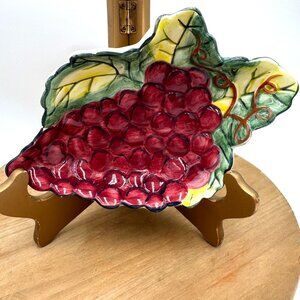 Clay Art Vineyard Hand Painted Ceramic Bowl Autumn Harvest Grapes Vintage 1999 R